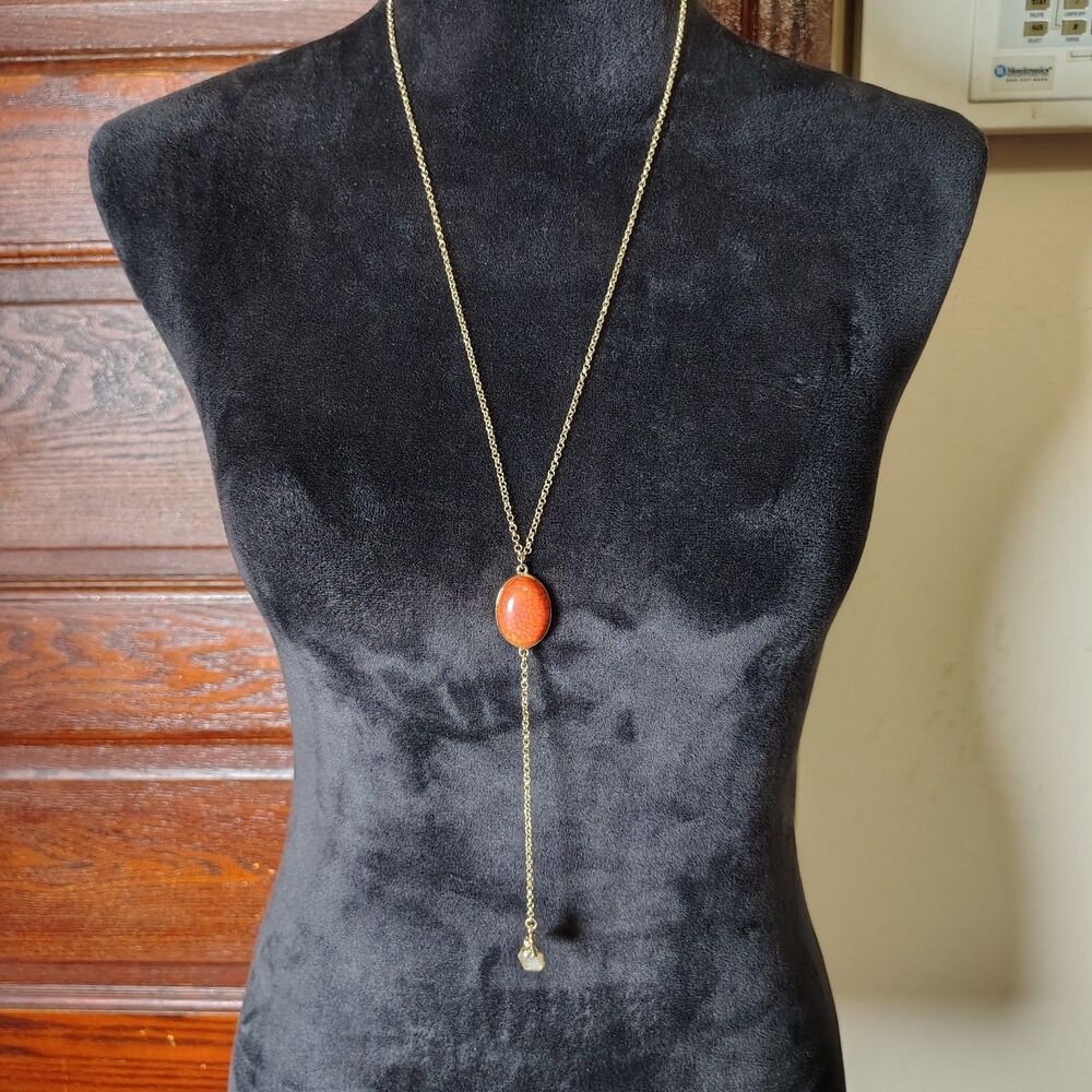Gold Tone Cameo Lariat W Dangling Natural Raw Yellow Citrine Crystal...